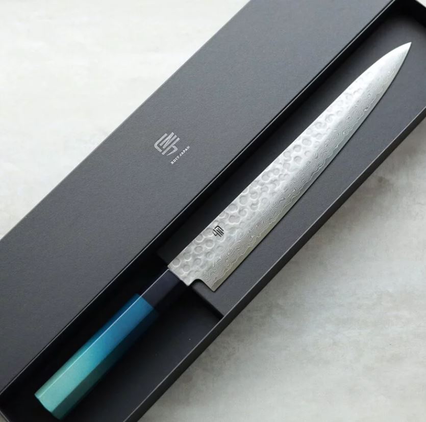 藍包丁 新筋引 240mm VG10鋼 鎚目 大馬士革