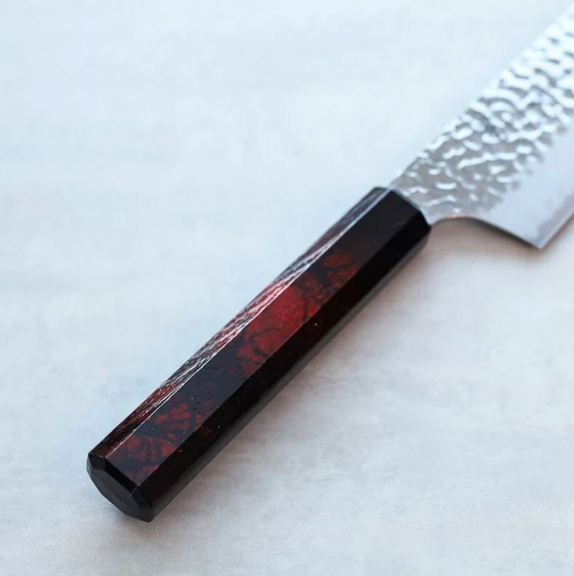 堺孝行 和劍型牛刀 190mm VG10鋼 酒紅龜甲七彩柄 33層鎚目大馬士革