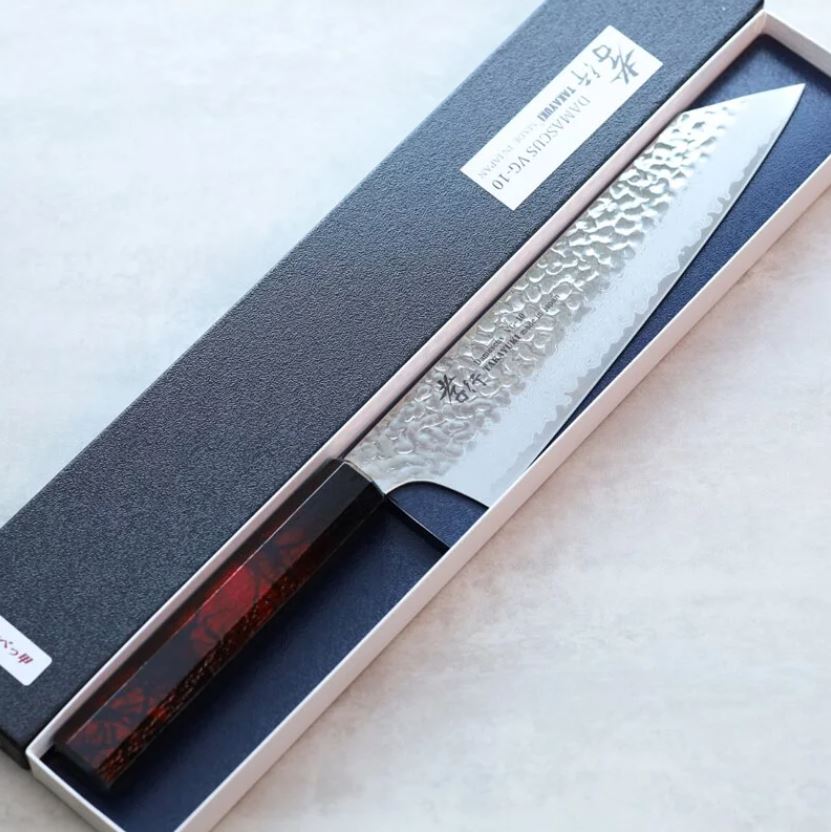 堺孝行 和劍型牛刀 190mm VG10鋼 酒紅龜甲七彩柄 33層鎚目大馬士革