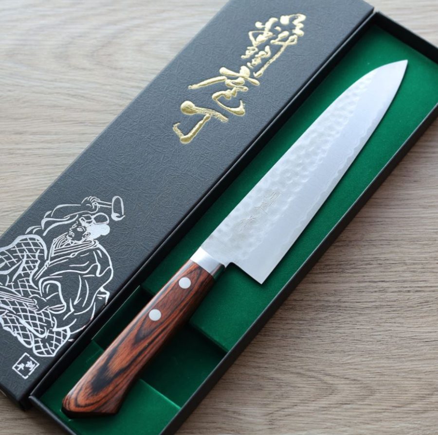 2 增谷訓生 牛刀 180mm VG10鋼 鎚目大馬士革 刻流 桃花心木柄