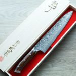 3 佐治武士 牛刀 240mm R2粉末HSS鋼 大馬士革 沙漠鐵木柄