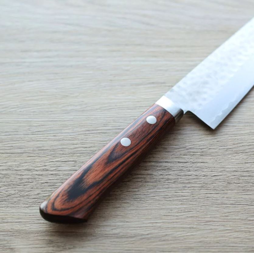 3 增谷訓生 牛刀 180mm VG10鋼 鎚目大馬士革 刻流 桃花心木柄