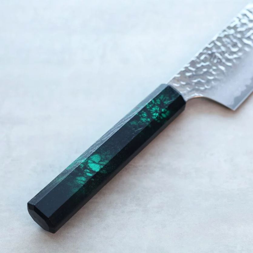 堺孝行 和劍型牛刀 190mm VG10鋼 綠龜甲七彩柄 33層鎚目 大馬士革