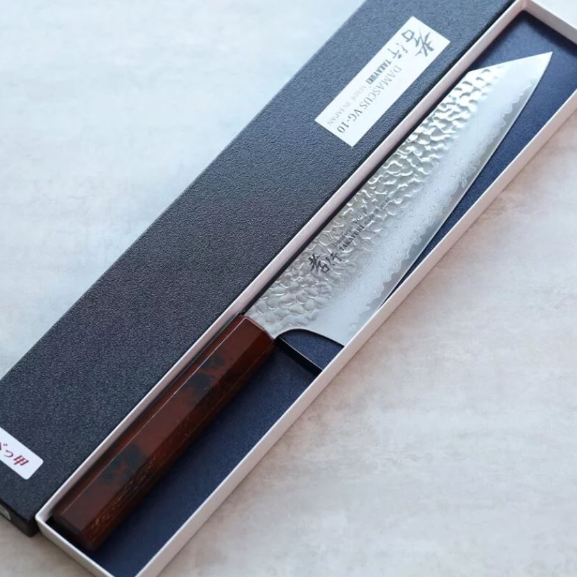 堺孝行 和劍型牛刀 190mm VG10鋼 溜龜甲七彩柄 33層鎚目 大馬士革