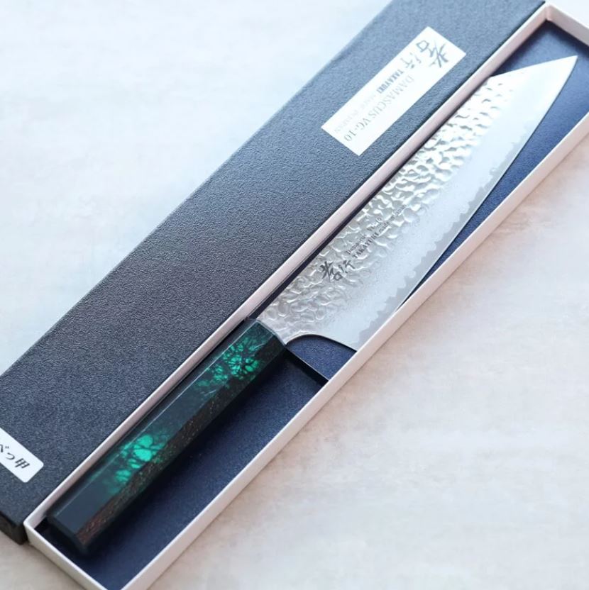堺孝行 和劍型牛刀 190mm VG10鋼 綠龜甲七彩柄 33層鎚目 大馬士革