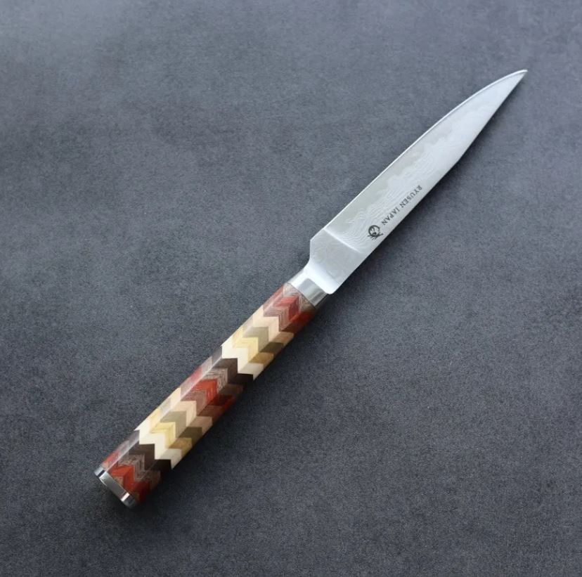 1 龍泉刃物 寄木細工 牛排刀/矢羽根 100mm ATS314 63層大馬士革