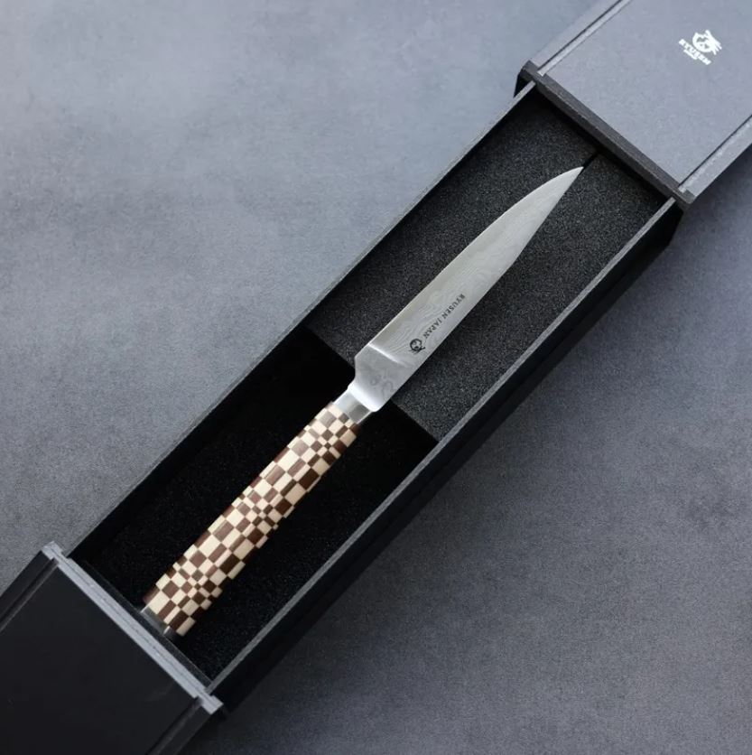 2 龍泉刃物 寄木細工 牛排刀/市松 100mm ATS314 63層大馬士革