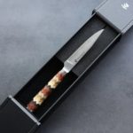 3 龍泉刃物 寄木細工 牛排刀/矢羽根 100mm ATS314 63層大馬士革