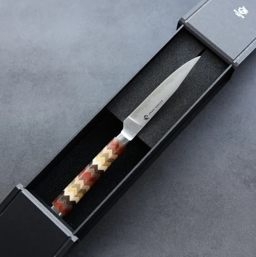 3 龍泉刃物 寄木細工 牛排刀/矢羽根 100mm ATS314 63層大馬士革