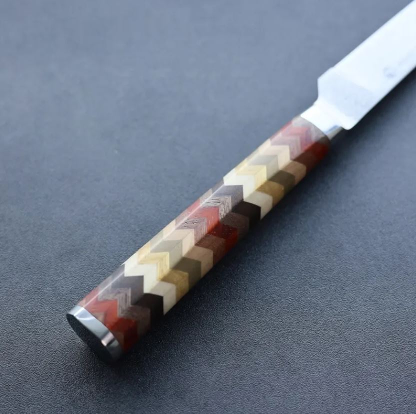 4 龍泉刃物 寄木細工 牛排刀/矢羽根 100mm ATS314 63層大馬士革