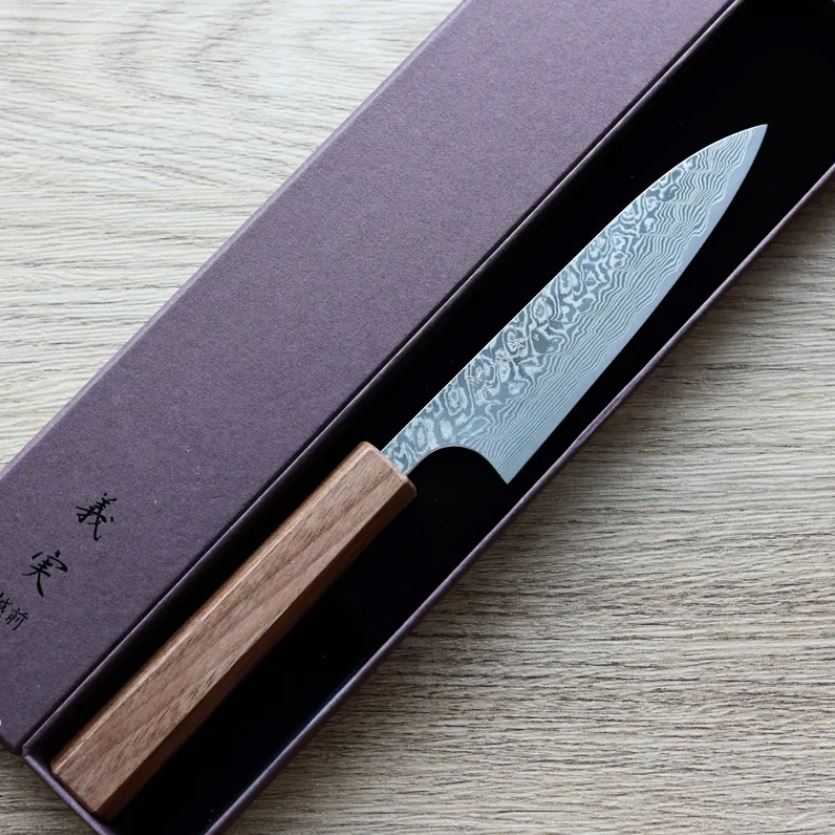 120mm (1) 加藤義実 蔬果刀 120mm SG2粉末HSS鋼 黑染鎳 大馬士革