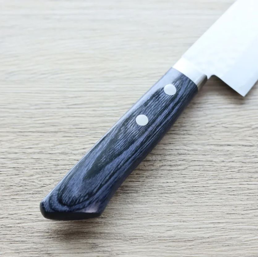 2 增谷訓生 牛刀 180mm VG10鋼 鎚目大馬士革 刻流藍柄