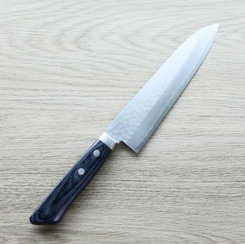 擷取 增谷訓生 牛刀 180mm VG10鋼 鎚目大馬士革 刻流藍柄