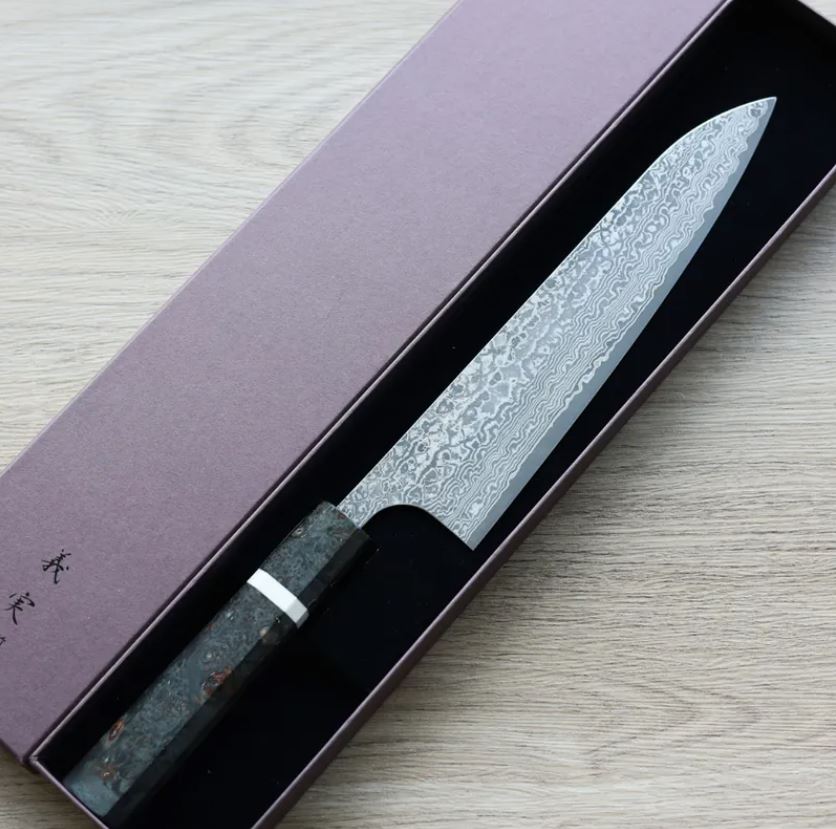 牛刀 210 (1) 加藤義実 牛刀 210mm VG10 黑染鎳大馬士革 穩定樺木柄