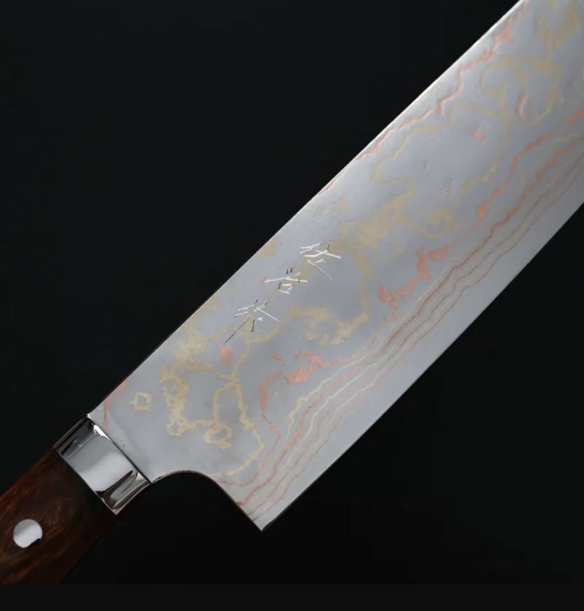 菜切 170mm 青紙鋼 (1) 佐治武士 菜切 170mm 青紙鋼 有色大馬士革 沙漠鐵木柄