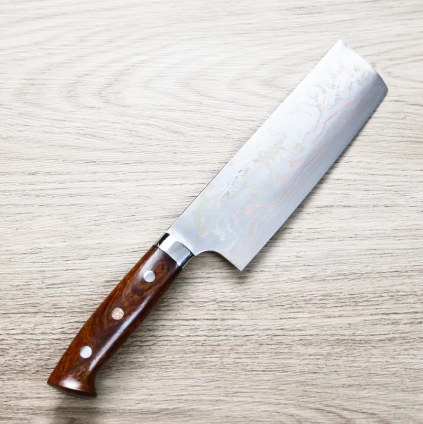 菜切 170mm 青紙鋼 (2) 佐治武士 菜切 170mm 青紙鋼 有色大馬士革 沙漠鐵木柄