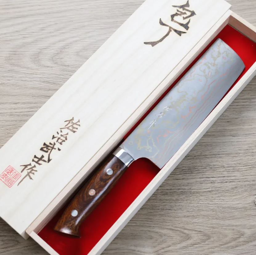 菜切 170mm 青紙鋼 (3) 佐治武士 菜切 170mm 青紙鋼 有色大馬士革 沙漠鐵木柄