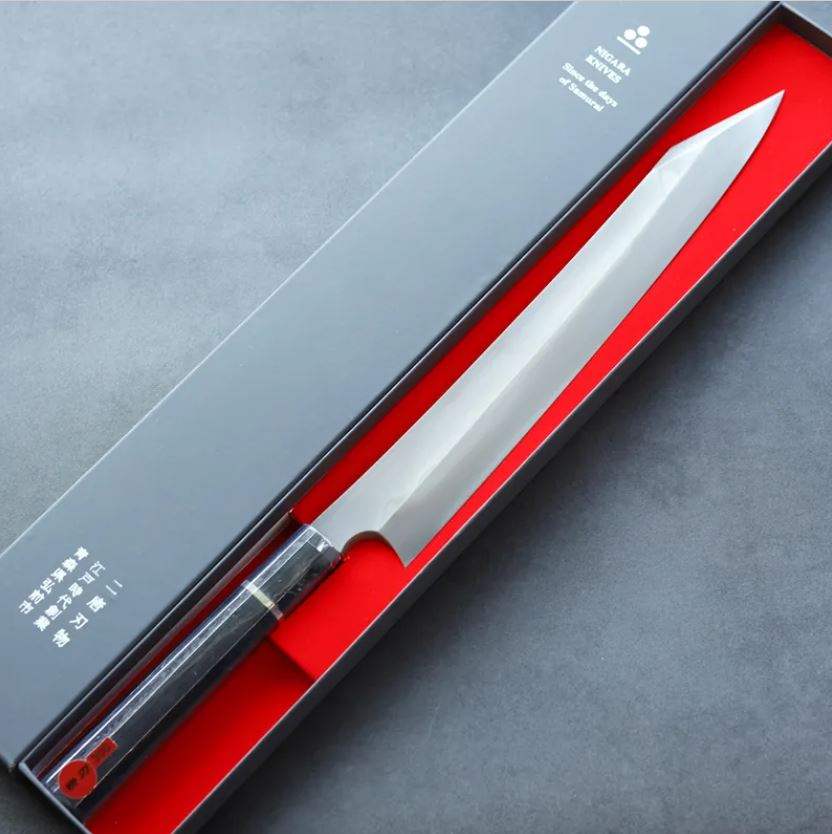 二唐刃物 切付柳刃 300mm 白一鋼 水本燒