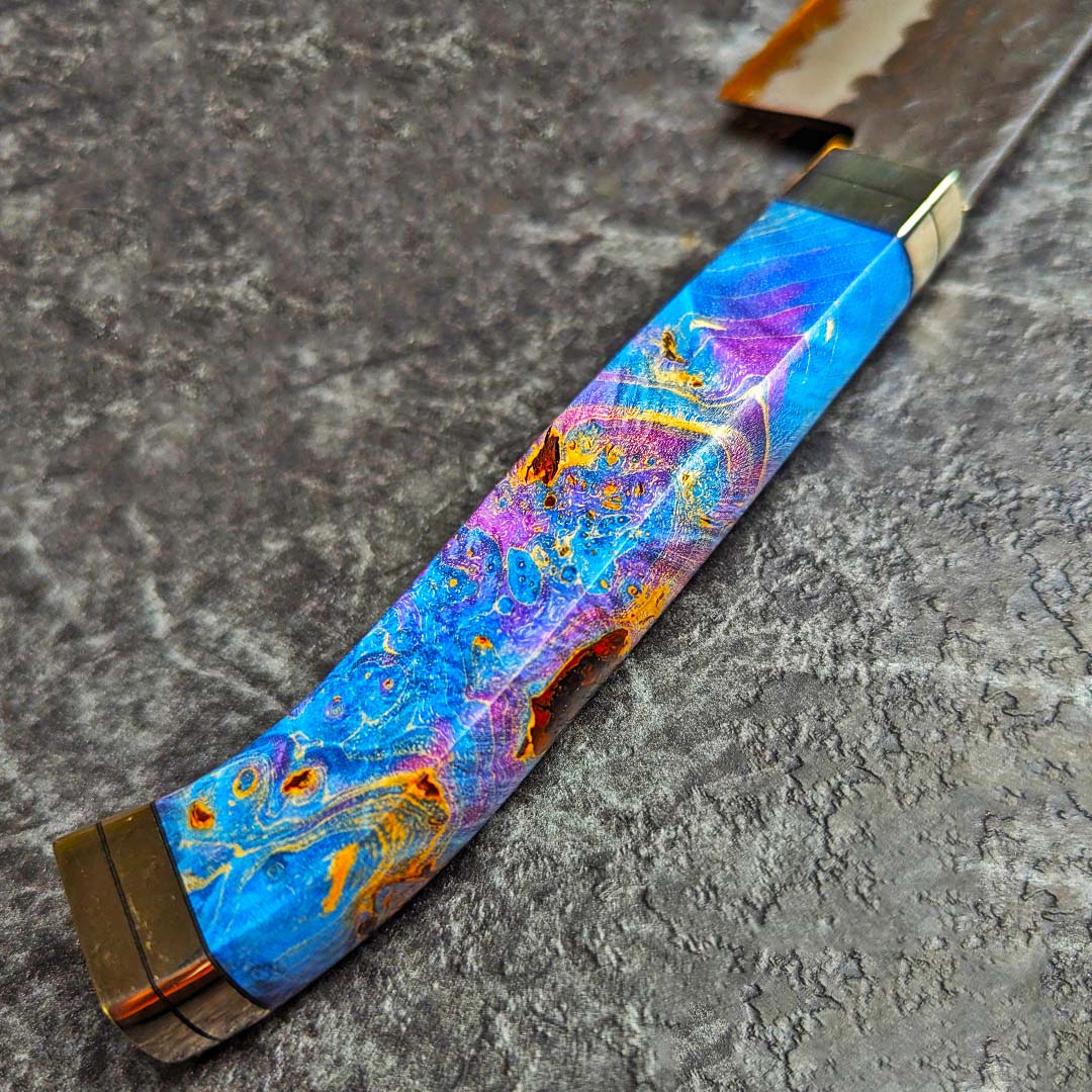 實光刃物 秘宝 JOKER 三德 180mm 超級青紙鋼 黑打 槌目 藍彩特殊柄:圖片 7