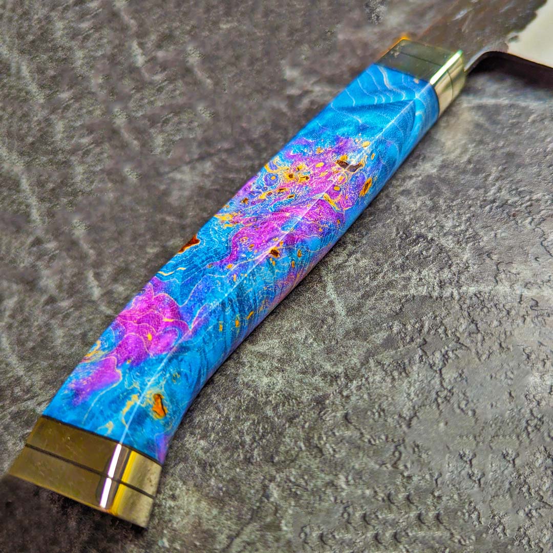 實光刃物 秘宝 JOKER 三德 180mm 超級青紙鋼 黑打 槌目 藍彩特殊柄:圖片 3