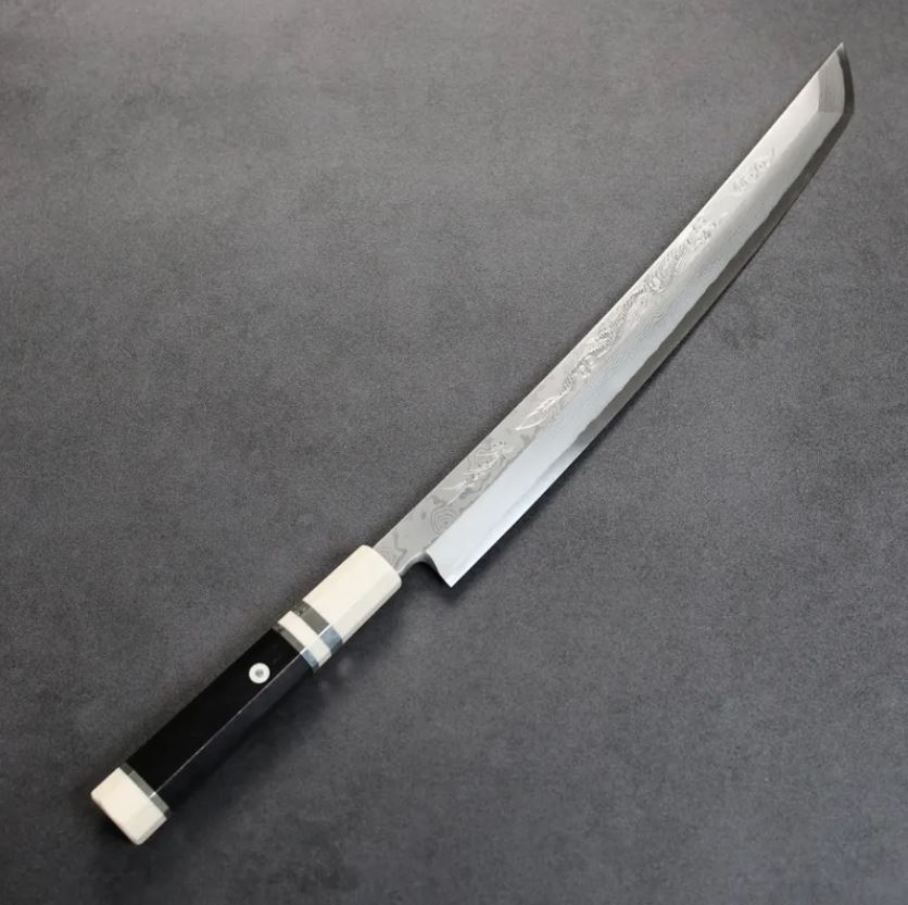 堺孝行斬月曲背先丸柳刃300mm 銀三鋼炎天龍大馬士革/付鞘- 火星