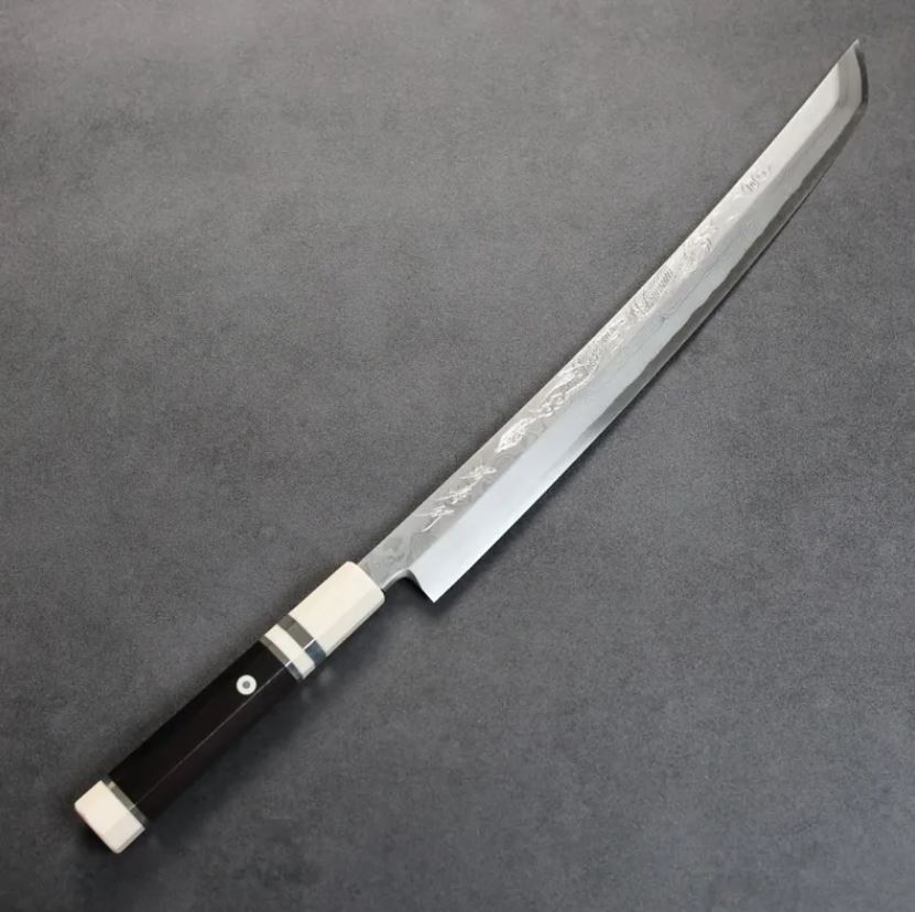 曲背先丸柳刃 330mm 銀三鋼 (1) 堺孝行 斬月 曲背先丸柳刃 330mm 銀三鋼 炎天龍 大馬士革/付鞘