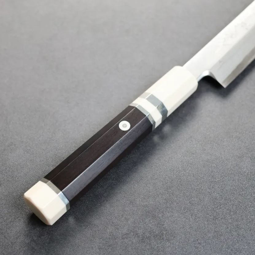 曲背先丸柳刃 330mm 銀三鋼 (4) 堺孝行 斬月 曲背先丸柳刃 330mm 銀三鋼 炎天龍 大馬士革/付鞘