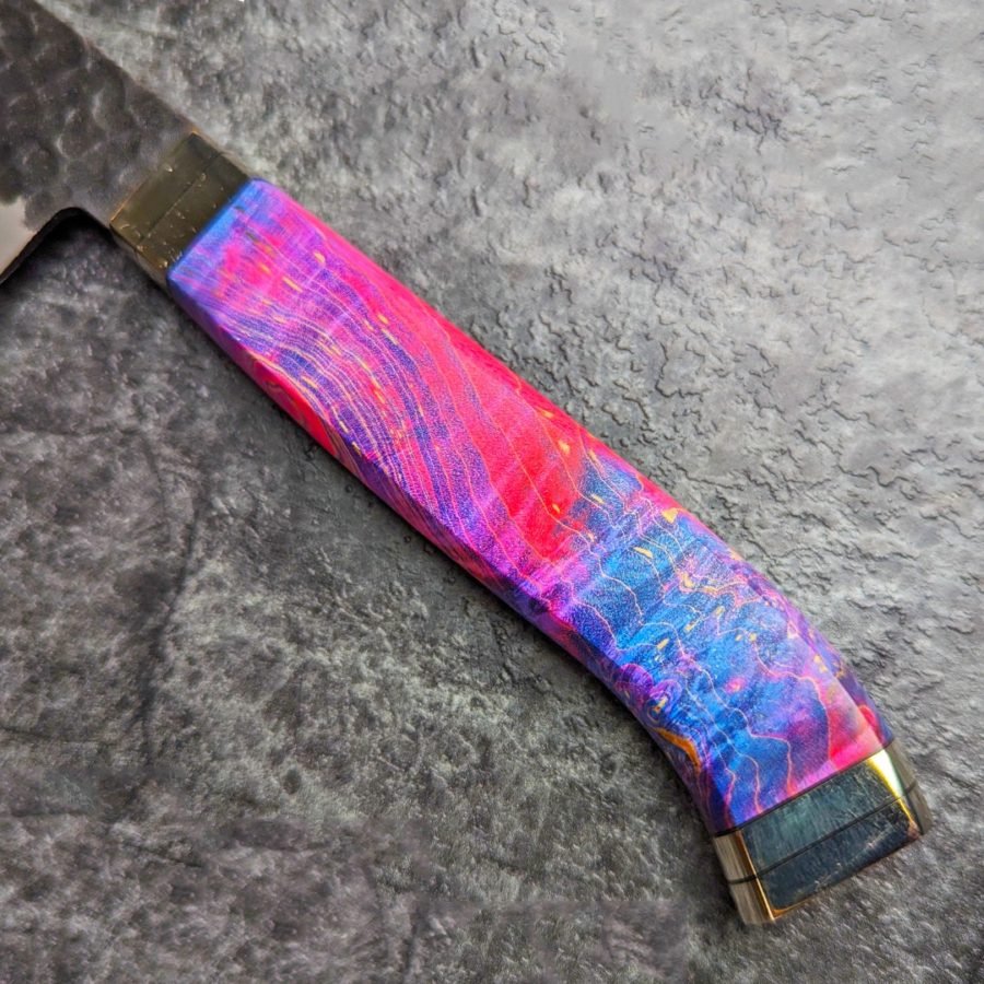 紅柄-3 實光刃物 秘宝 JOKER 三德 180mm 超級青紙鋼 黑打 槌目 紅彩特殊柄