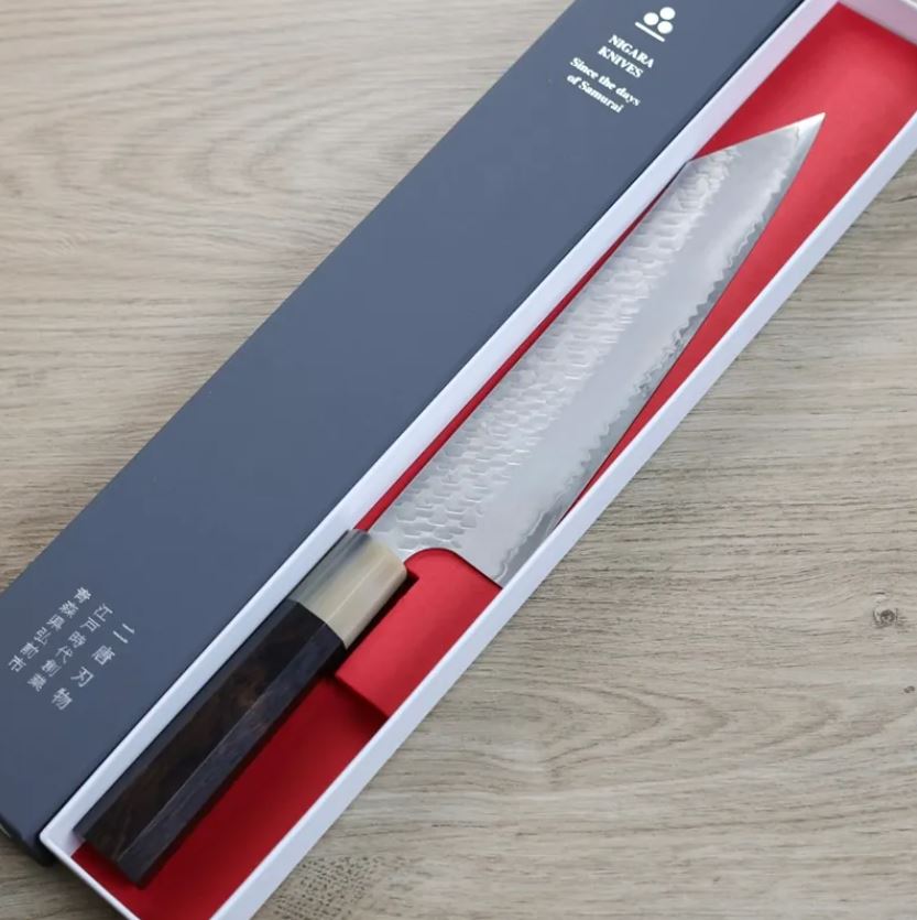 切付牛刀 240mm SG2粉末HSS鋼 磨鎚目 (2) 二唐刃物 切付牛刀 240mm SG2粉末HSS鋼 磨鎚目