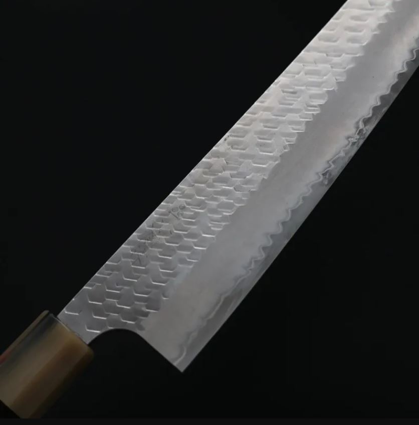 切付牛刀 240mm SG2粉末HSS鋼 磨鎚目 (5) 二唐刃物 切付牛刀 240mm SG2粉末HSS鋼 磨鎚目