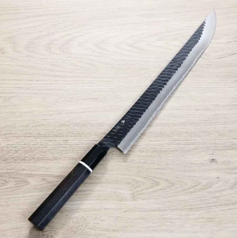 二唐刃物 先丸筋引 300mm<br>SG2粉末HSS鋼 黑打鎚目