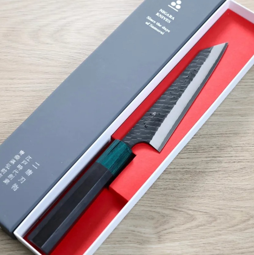 二唐刃物 骨刻 170mm SG2粉末HSS鋼 黑打鎚目 黑檀八角柄