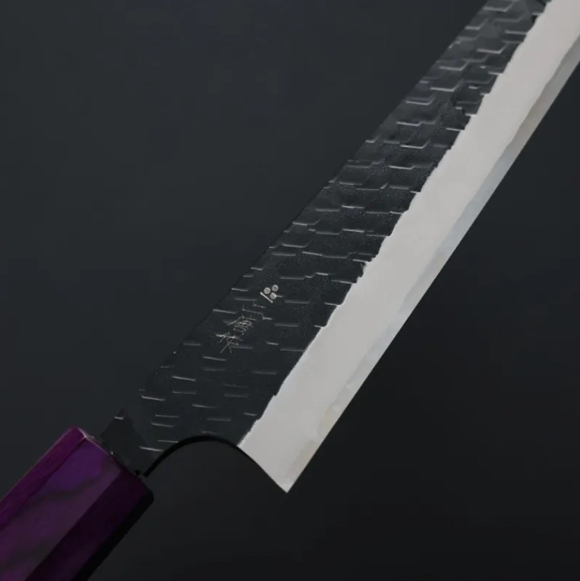 二唐刃物 骨刻 170mm SG2粉末HSS鋼 黑打鎚目 黑檀八角柄