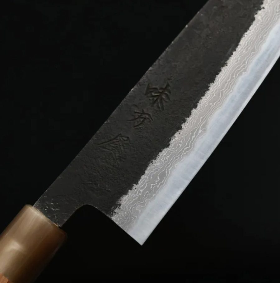 日野浦刃物 味方屋 三德 165mm 白紙鋼 黑打鍛地墨流 (5) 日野浦刃物 味方屋 三德 165mm 白紙鋼 黑打鍛地墨流