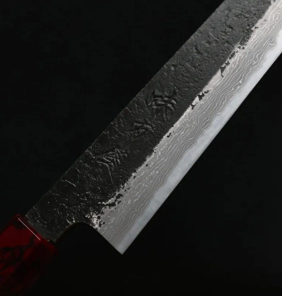 日野浦刃物 筋引 240mm 白紙鋼 黑打鍛地墨流 (5) 日野浦刃物 味方屋 筋引 240mm 白紙鋼 黑打鍛地墨流