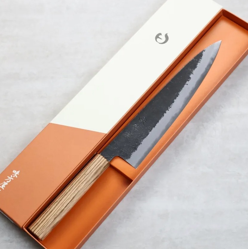 日野浦刃物 味方屋 牛刀 240mm 白紙鋼 黑打鍛地墨流 斑馬木八角柄 (2) 日野浦刃物 味方屋 牛刀 240mm 白紙鋼 黑打鍛地墨流 斑馬木八角柄