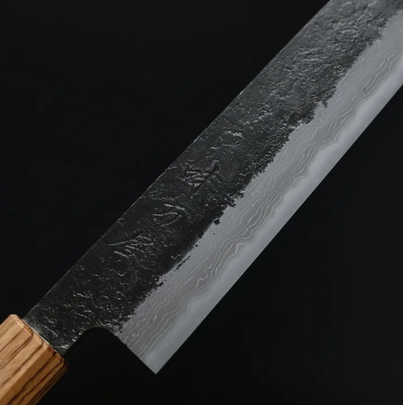 日野浦刃物 味方屋 筋引 270mm 白紙鋼 黑打鍛地墨流 斑馬木八角柄 (5) 日野浦刃物 味方屋 筋引 270mm 白紙鋼 黑打鍛地墨流 斑馬木八角柄