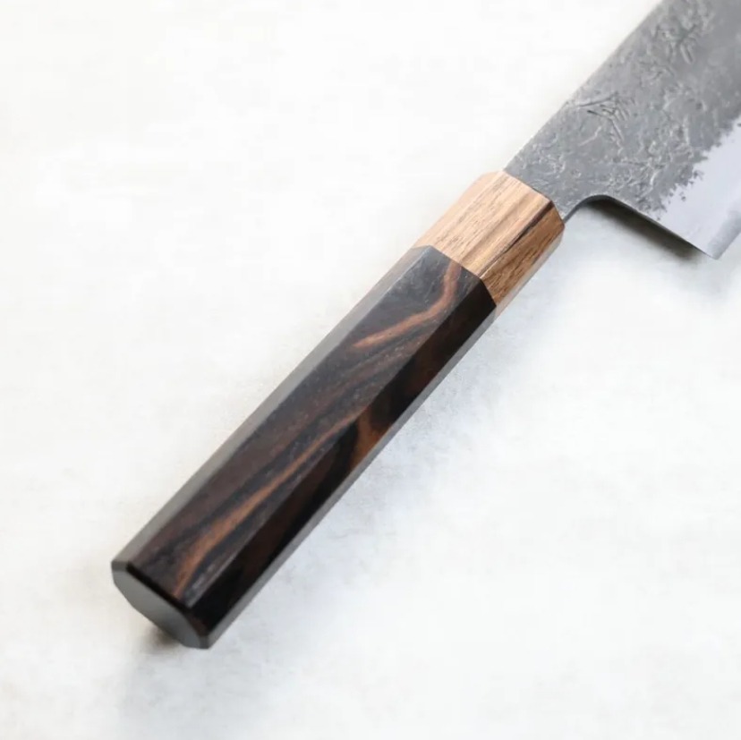 日野浦刃物 味方屋 菜切 165mm 白紙鋼 黑打鍛地墨流 黑檀八角柄