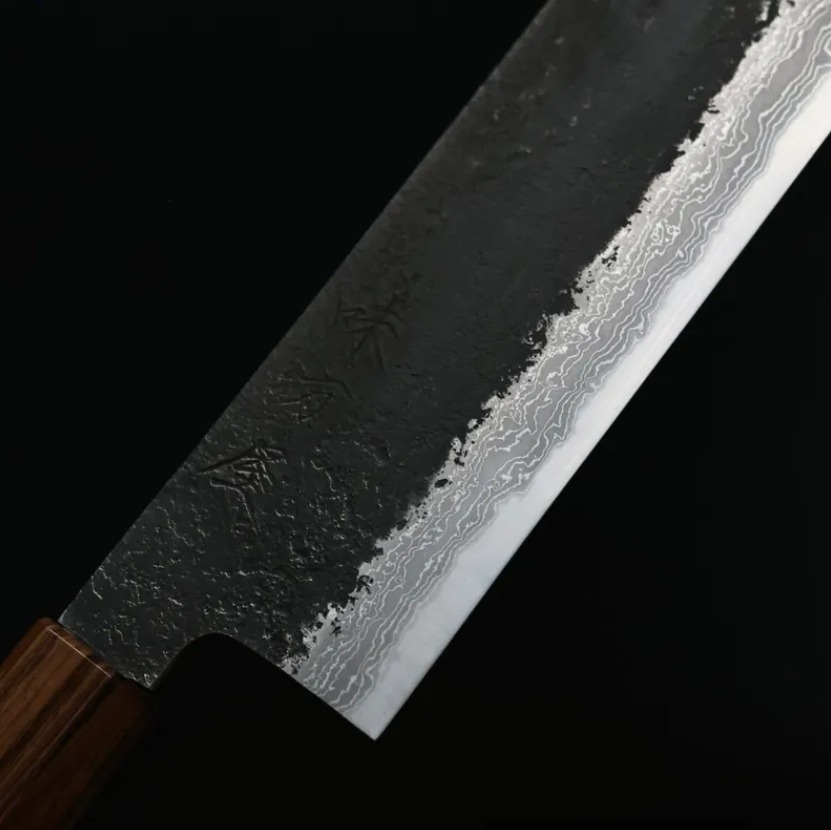 日野浦刃物 味方屋 菜切 165mm 白紙鋼 黑打鍛地墨流 黑檀八角柄