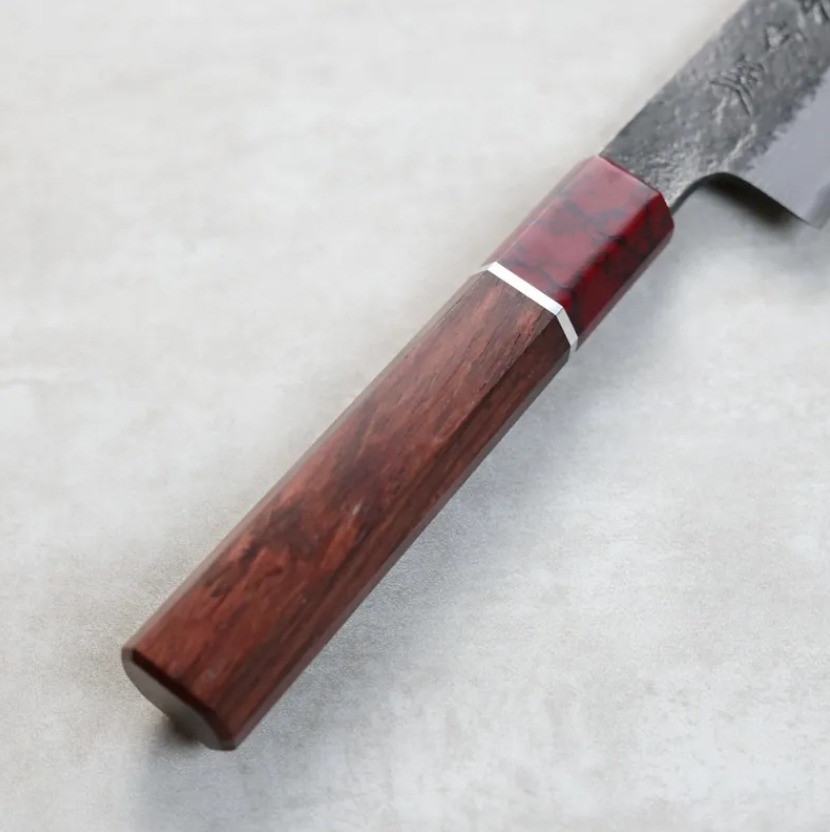 日野浦刃物 味方屋 蔬果刀 135mm 白紙鋼 黑打鍛地墨流 (3) 日野浦刃物 味方屋 蔬果刀 135mm 白紙鋼 黑打鍛地墨流 玫瑰木八角柄