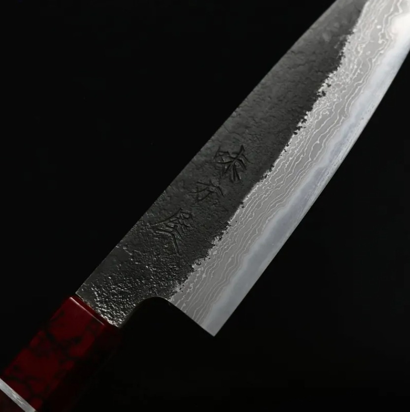 日野浦刃物 味方屋 蔬果刀 135mm 白紙鋼 黑打鍛地墨流 (5) 日野浦刃物 味方屋 蔬果刀 135mm 白紙鋼 黑打鍛地墨流 玫瑰木八角柄