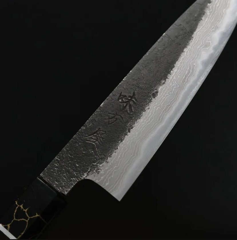 日野浦刃物 味方屋 蔬果刀 135mm 白紙鋼 黑打鍛地墨流 黑檀八角柄