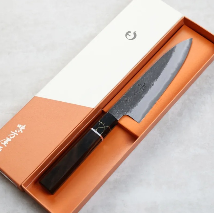 日野浦刃物 味方屋 蔬果刀 135mm 白紙鋼 黑打鍛地墨流 黑檀八角柄