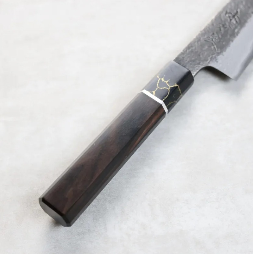 日野浦刃物 味方屋 蔬果刀 135mm 白紙鋼 黑打鍛地墨流 黑檀八角柄