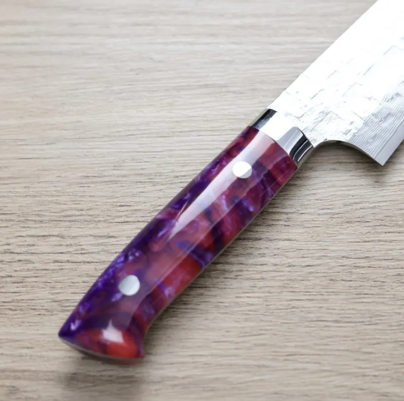 佐治武士 牛刀 210mm VG10鋼 十字鎚目大馬士革 紫壓克力柄 (3) 佐治武士 牛刀 210mm <br>VG10鋼十字鎚目大馬士革 紫壓克力柄