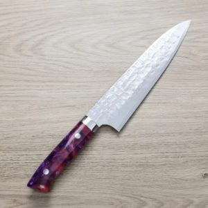 佐治武士 牛刀 210mm <br>VG10鋼十字鎚目大馬士革 紫壓克力柄