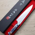 佐治武士 牛刀 210mm <br>VG10鋼 十字鎚目大馬士革 藍壓克力柄