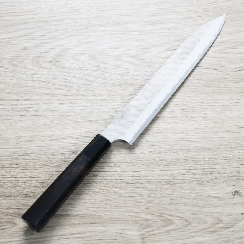 二唐刃物 切付筋引 255mm<br>紙超級鋼 柳葉鎚目