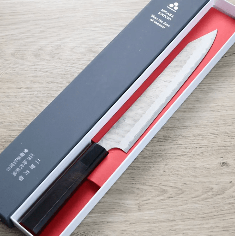 二唐刃物 切付筋引 255mm<br>紙超級鋼 柳葉鎚目