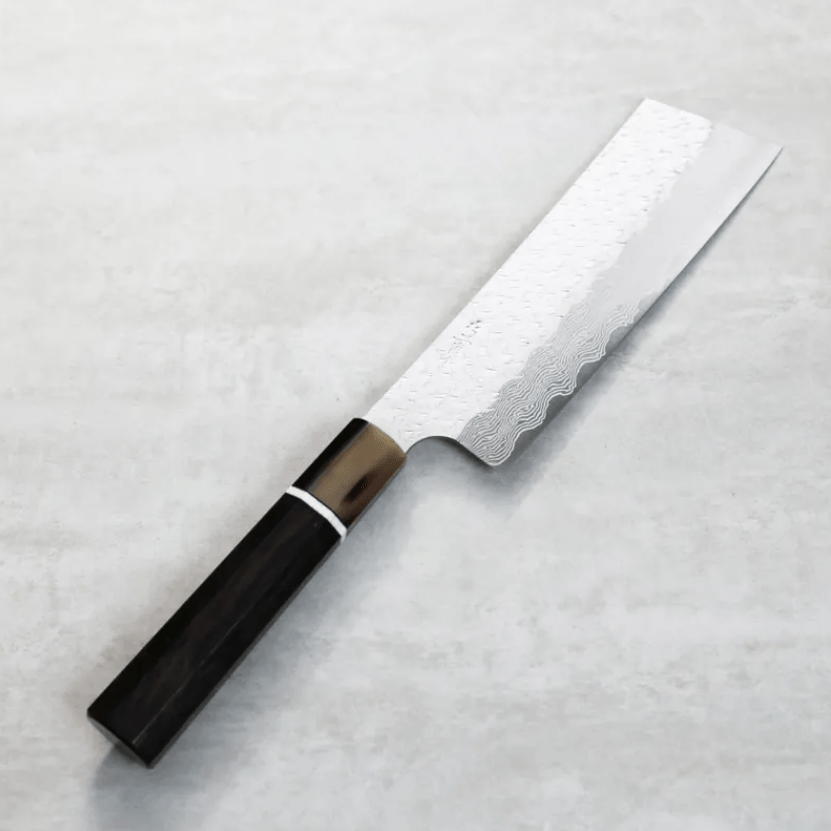 二唐刃物 菜切 180mm<br>SG Strix粉末HSS鋼 鎚目大馬士革